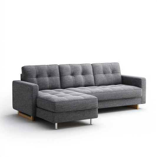 Sofa, Kanapa narożna z krzesełkiem z lewej szarej, 250 x 150 x 85 cm w kształcie poliestru L