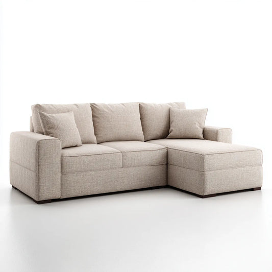 Sofa, Kanapa narożna z szewcem z beżowym krzesełkiem 250 x 160 x 85 cm w poliestrze 3 fotele
